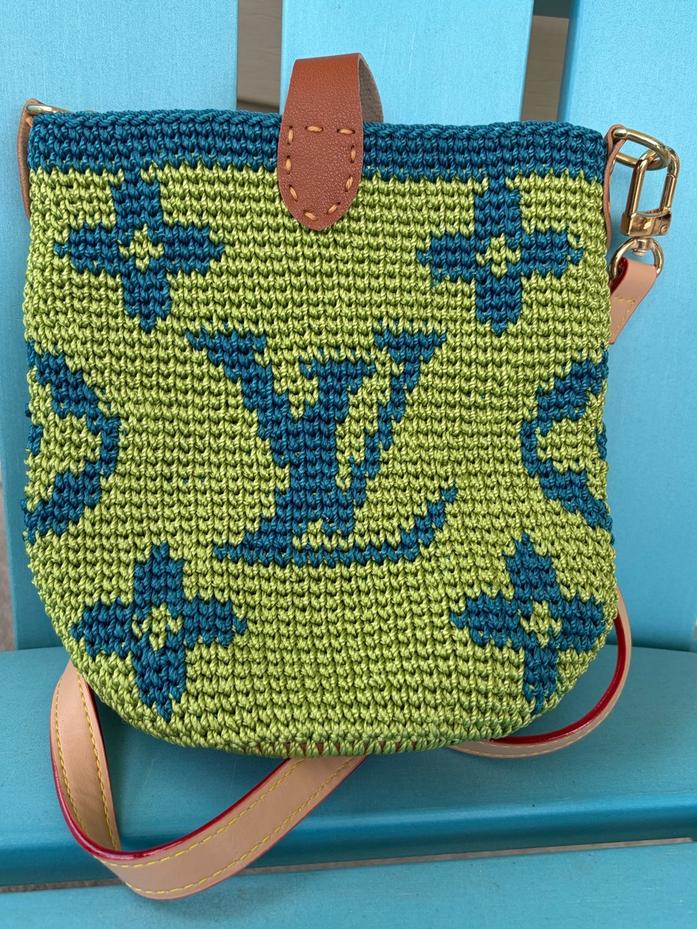 Crochet LV designer bucket bag crossbody purse green blue brown NWOT - Picture 1 of 9